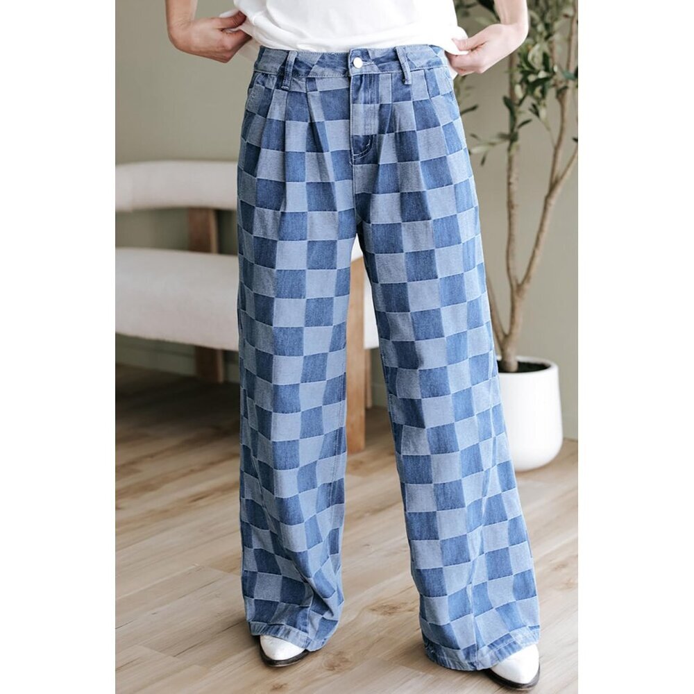 Womens Patterned Wide Leg Jeans High Waist Cotton Blend Casual Pants - Picture 2 of 8